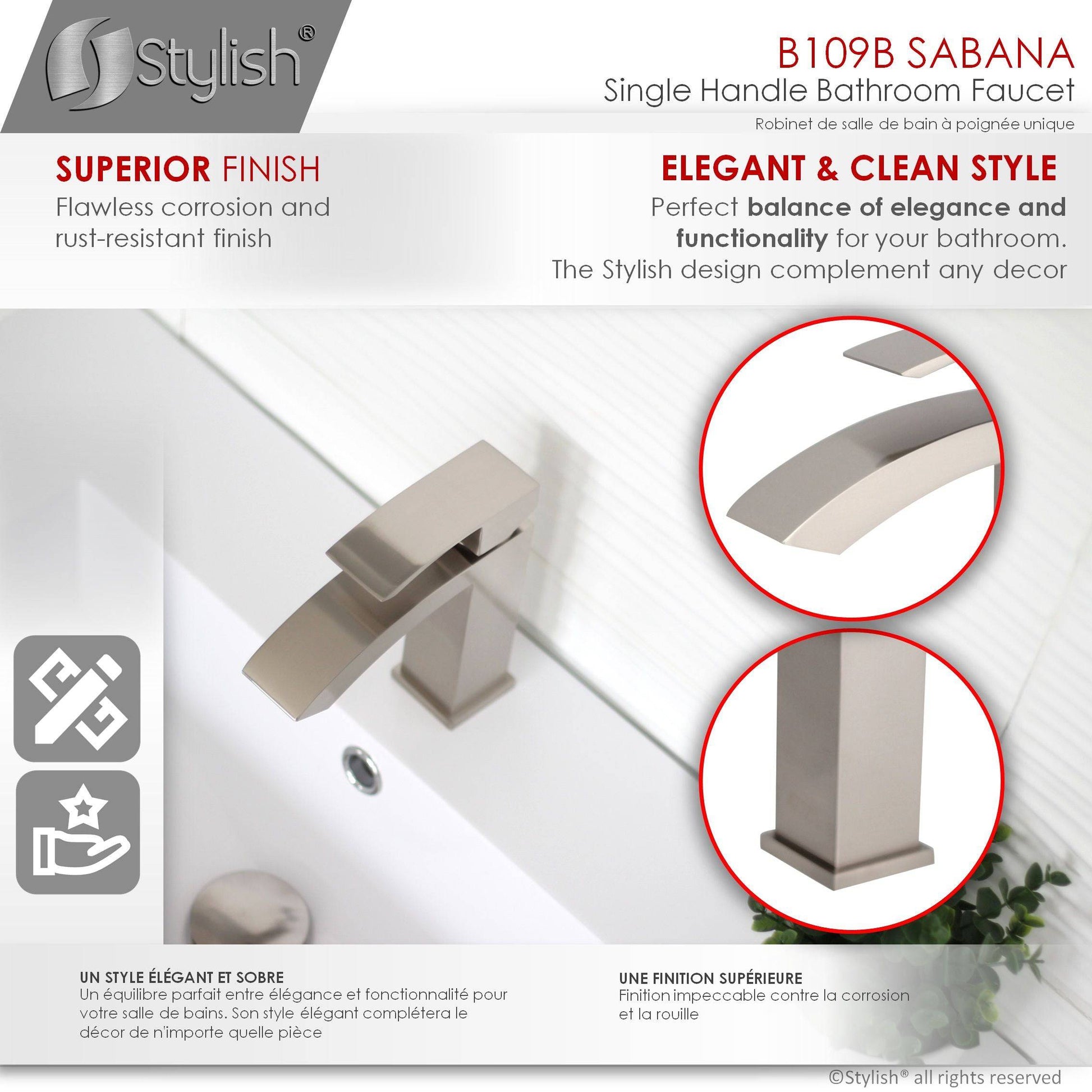 Stylish Sabana 7" Single Handle Bathroom Faucet for Single Hole Brass Basin Mixer Tap, Brushed Nickel Finish B-109B - Renoz
