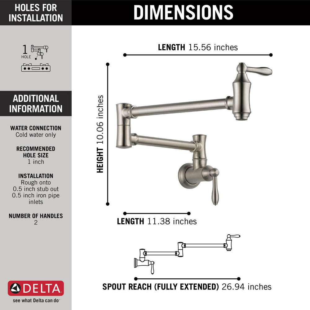 Delta Traditional Wall Mount Pot Filler- Stainless