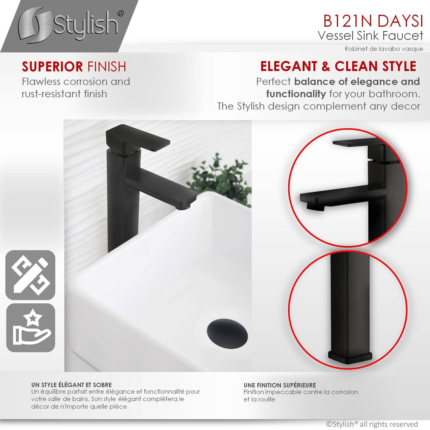 Stylish Daysi 12" Single Hole Single Handle Vessel Bathroom Faucet in Matte Black B-121N