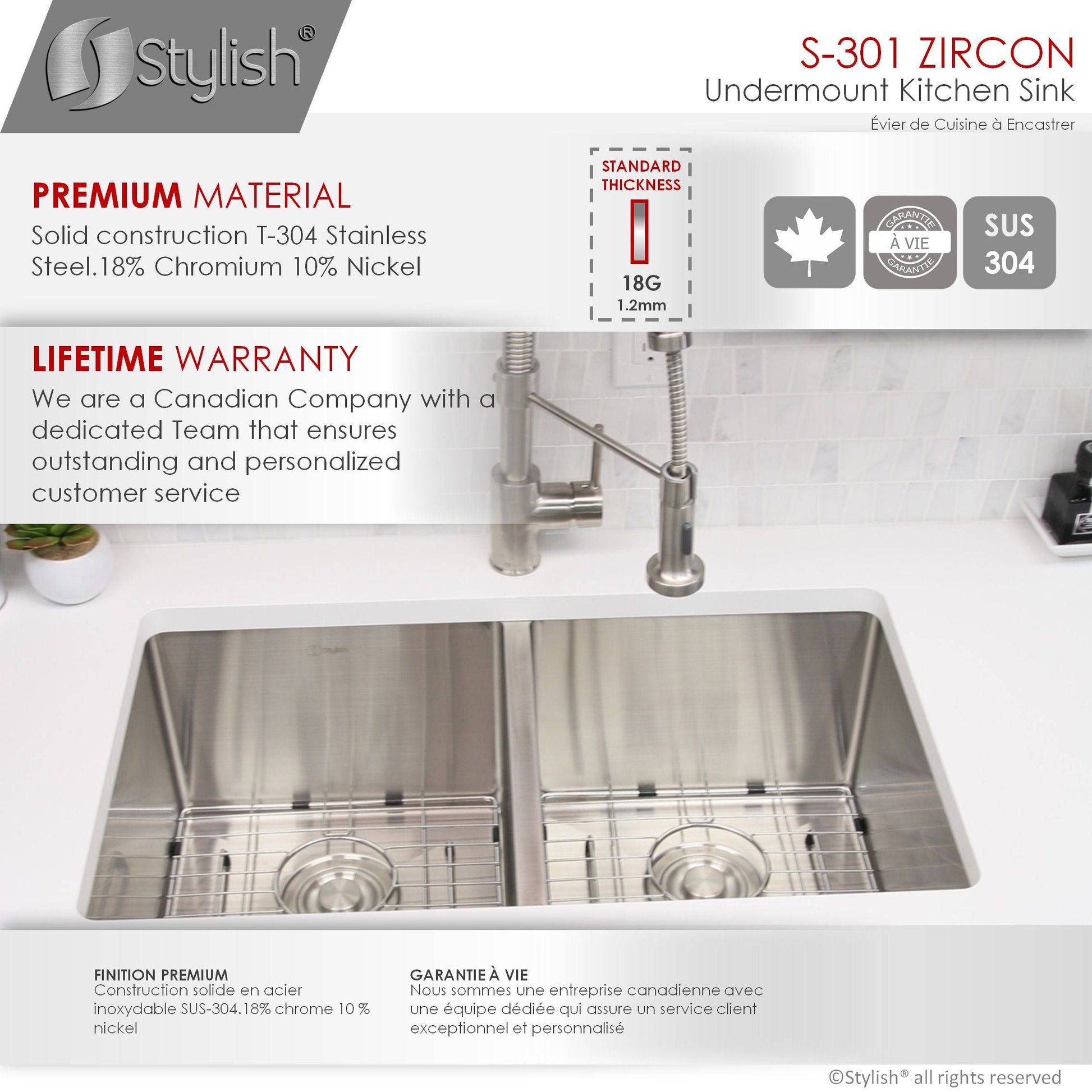 Stylish Zircon 32" x 18" Double Bowl Undermount Stainless Steel Kitchen Sink S-301G - Renoz