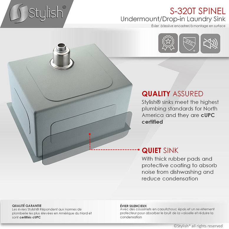 Stylish Spinel 22" x 18" Stainless Steel Single Bowl Undermount Laundry Sink S-320T - Renoz