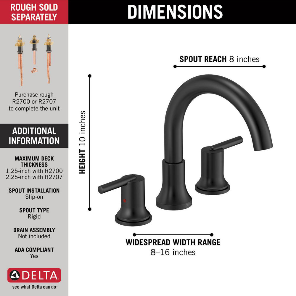 Delta TRINSIC 3 Hole Roman Tub Filler Trim -Matte Black (Valves Sold Separately)