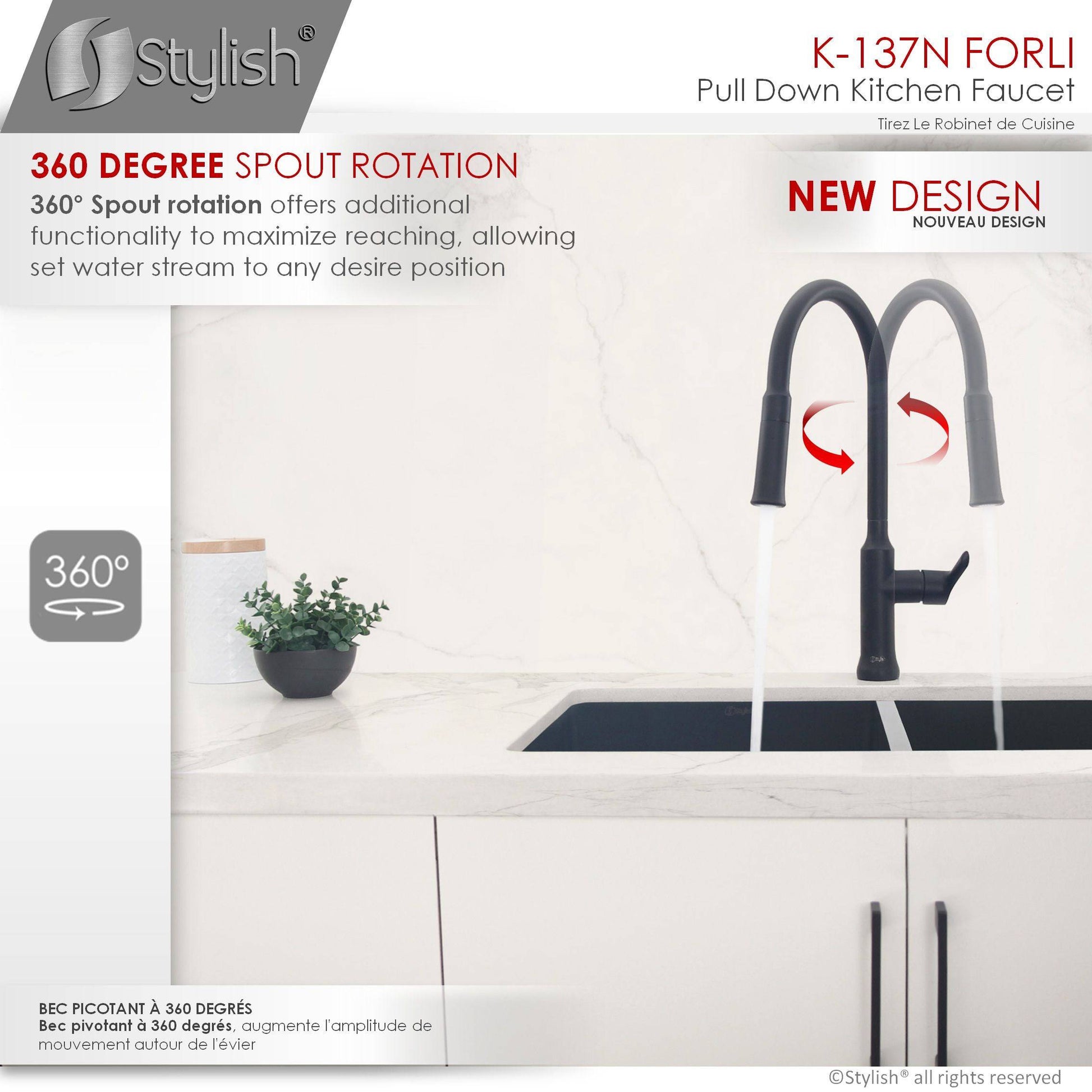Stylish Forli 18.5" Kitchen Faucet Single Handle Pull Down Dual Mode Stainless Steel Matte Black Finish K-137N - Renoz