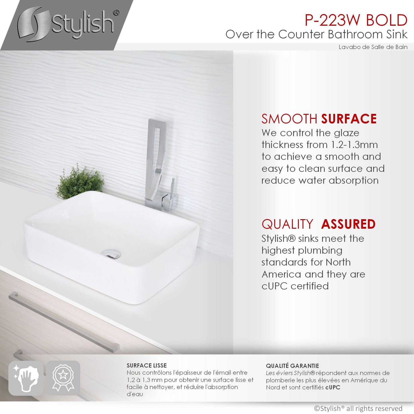 Stylish Bold 18.75" x 14.5" Rectangular Vessel Bathroom Sink White P-223W - Renoz
