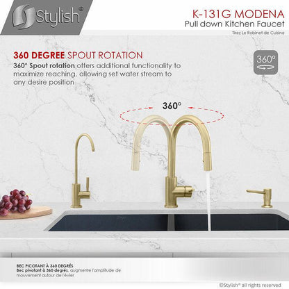 Stylish Modena 14" Kitchen Faucet Single Handle Pull Down Dual Mode Stainless Steel Gold Finish K-131G - Renoz