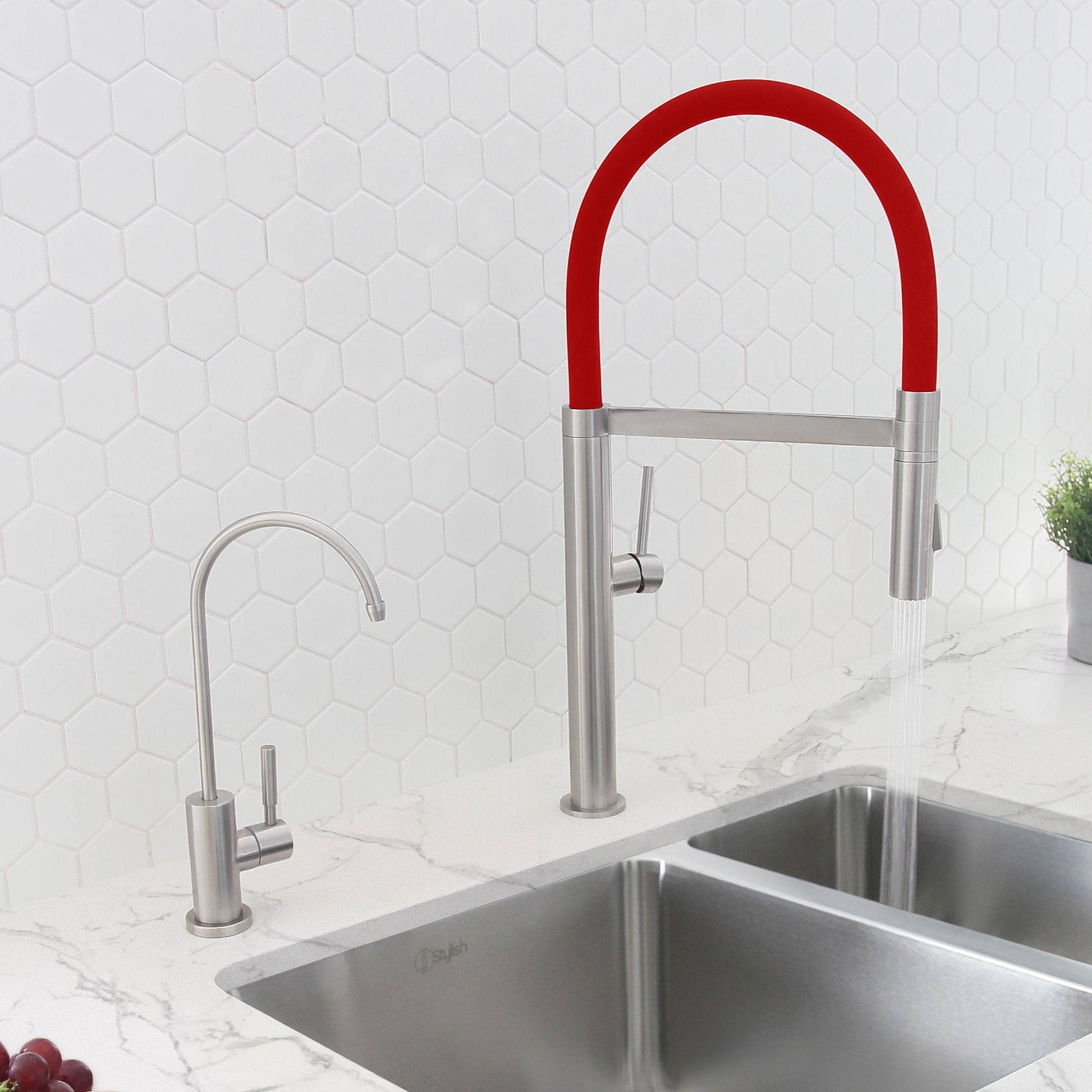 Stylish Carpi 20" Stainless Steel Single Handle Pull Out Dual Mode Kitchen Faucet with Red Spout Hose K-140R - Renoz