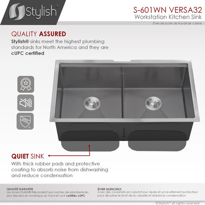 Stylish VERSA 32 32" x 19" Graphite Black Workstation Double Bowl Undermount 16 Gauge Stainless Steel Kitchen Sink with Built in Accessories, S-601WN