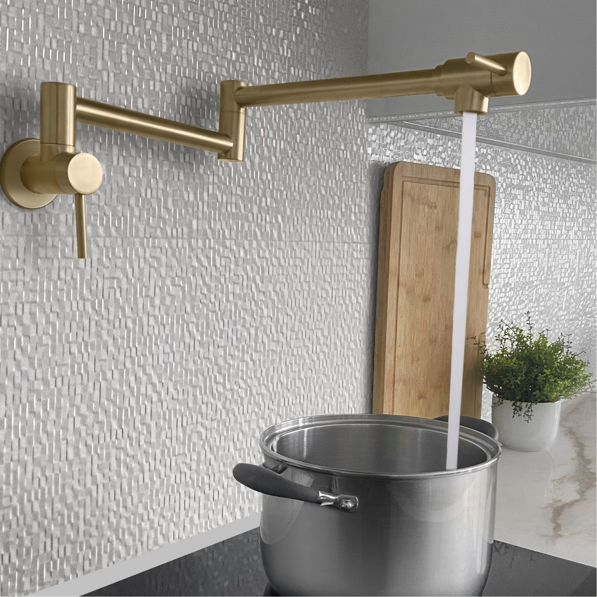 Stylish ASTI Stainless Steel Wall Mount Pot Filler Folding Stretchable with Single Hole Two Handles - Brushed Gold Finish K-145G
