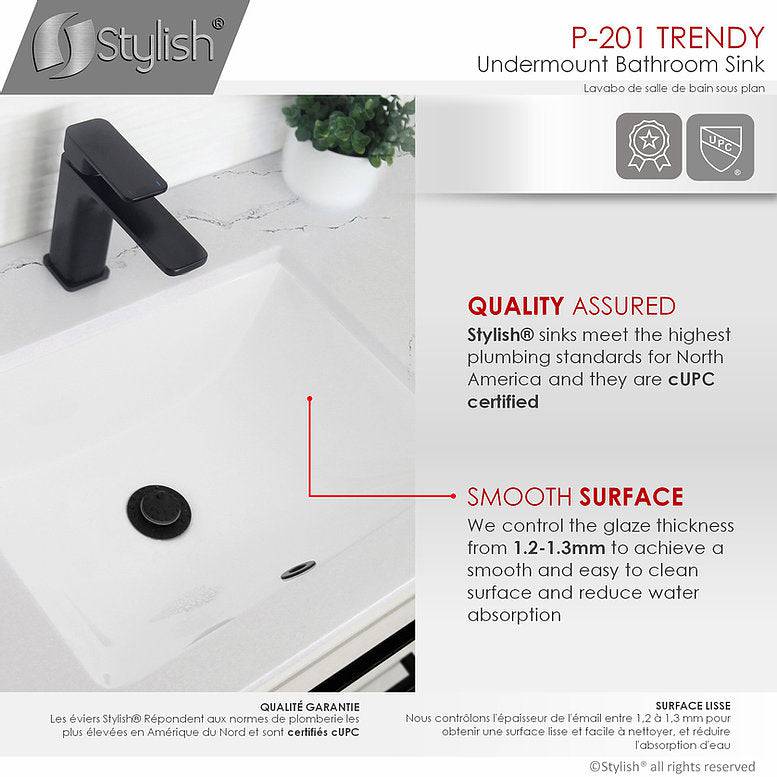 Stylish Trendy 18.25" x 13" Rectangular Undermount Bathroom Sink with Overflow Polished Chrome P-201 - Renoz