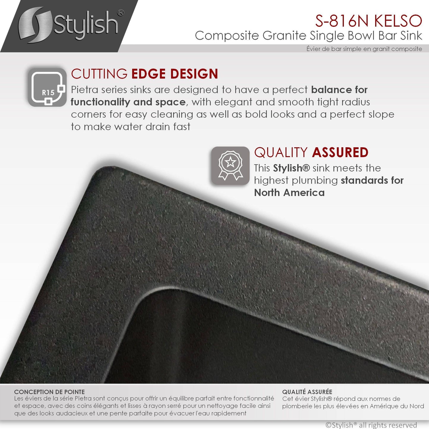 Stylish Kelso 15.5" x 17.5" Dual Mount Single Bowl Black Composite Granite Kitchen Sink with Strainer