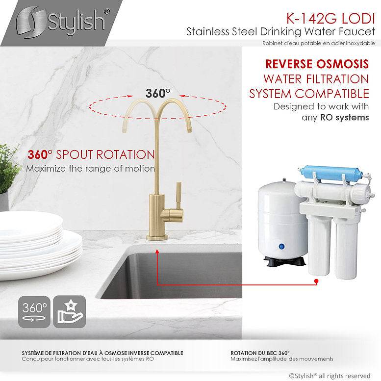 Stylish Lodi 11.25" Kitchen Drinking Water Tap Faucet, Stainless Steel Brushed Gold Finish K-142G - Renoz