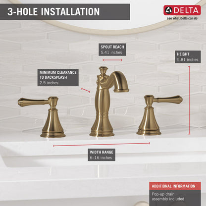 Delta CASSIDY Two Handle Widespread Bathroom Faucet With Metal Pop-Up- Champagne Bronze
