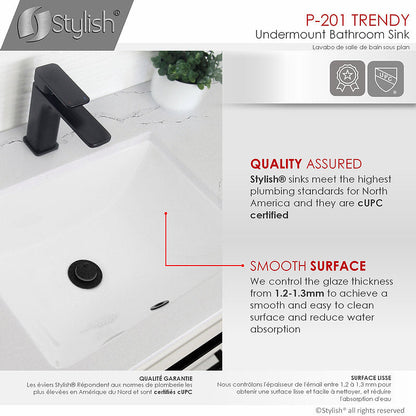 Lavabo de salle de bain rectangulaire élégant et tendance de 18 po avec trop-plein, chrome poli P-201X (disponible uniquement à l'achat de 50+)