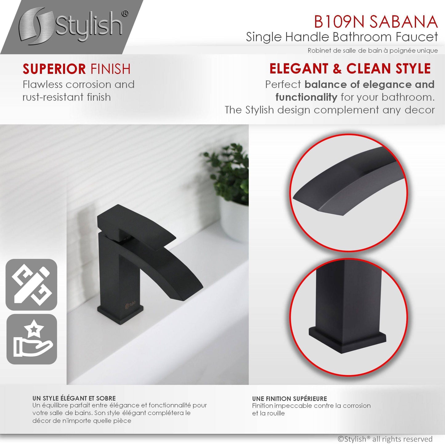 Stylish Sabana Single Handle 7" Bathroom Faucet for Single Hole Brass Basin Mixer Tap, Matte Black Finish B-109N - Renoz