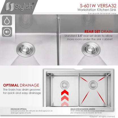 Stylish Versa 32 32" x 19" Workstation Double Bowl Undermount Kitchen Sink with Built in Accessories S-601W