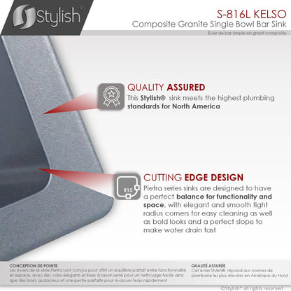 Stylish Kelso 15.5" x 17.5" Dual Mount Single Bowl Gray Composite Granite Kitchen Sink with Strainer