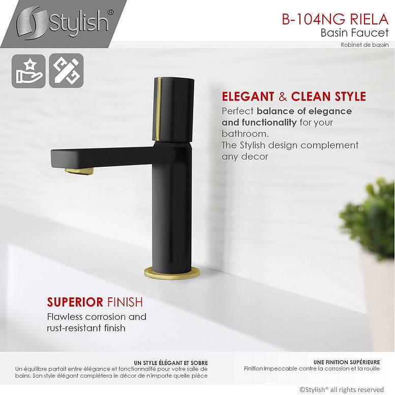Stylish Single Handle Modern Bathroom Basin Sink Faucet in Matte Black with Gold accents Finish B-104NG - Renoz