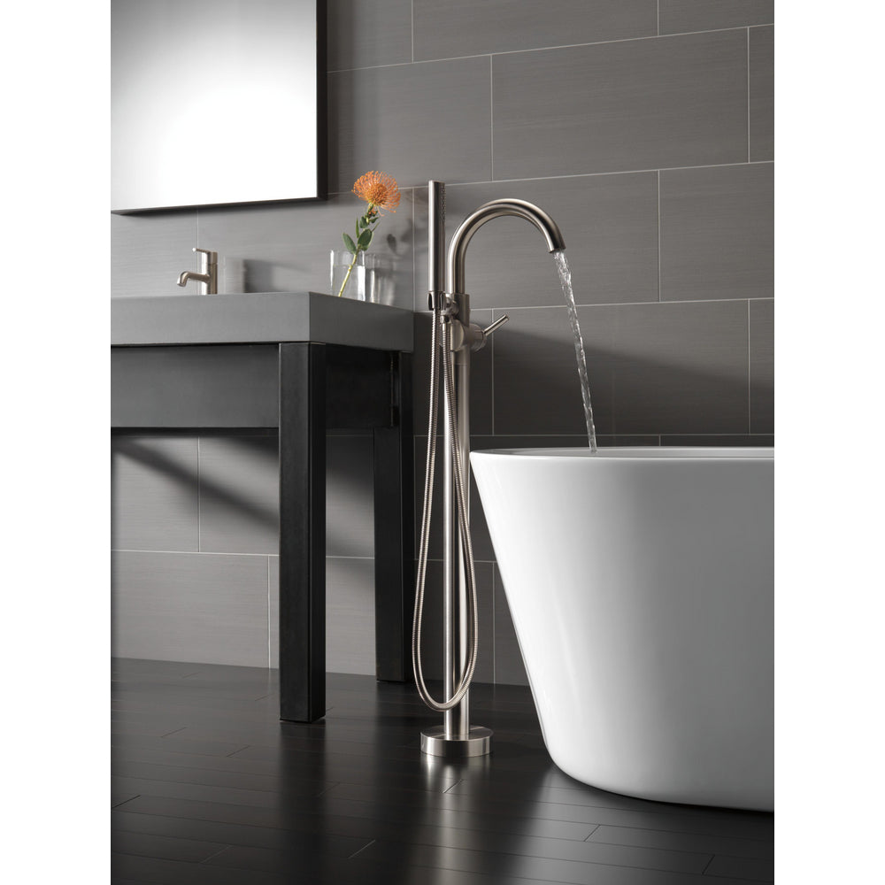 Delta TRINSIC Single Handle Floor Mount Tub Filler Trim with Hand Shower -Stainless Steel (Valves Sold Separately)