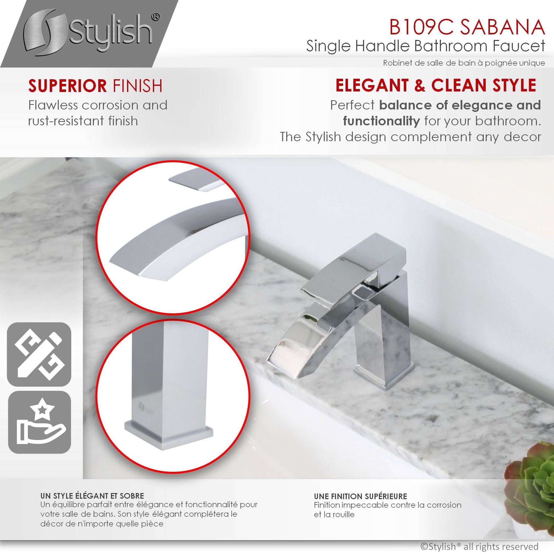Stylish Sabana Single Handle 7" Bathroom Faucet for Single Hole Brass Basin Mixer Tap, Polished Chrome Finish B-109C - Renoz