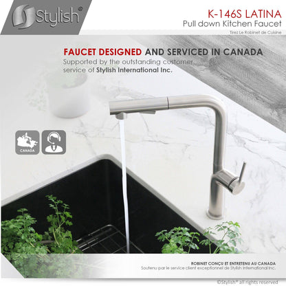 Stylish Latina 13" Kitchen Faucet Single Handle Pull Down Dual Mode Stainless Steel Brushed Finish K-146S - Renoz