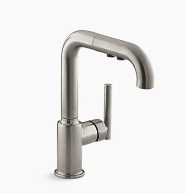 Robinet d'évier de cuisine monotrou Purist de Kohler avec bec extractible de 7 po - Acier inoxydable vibrant