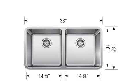 Blanco Formera U 2 33" x 18" Évier de cuisine à double cuve sous plan de calibre 18 - Acier inoxydable