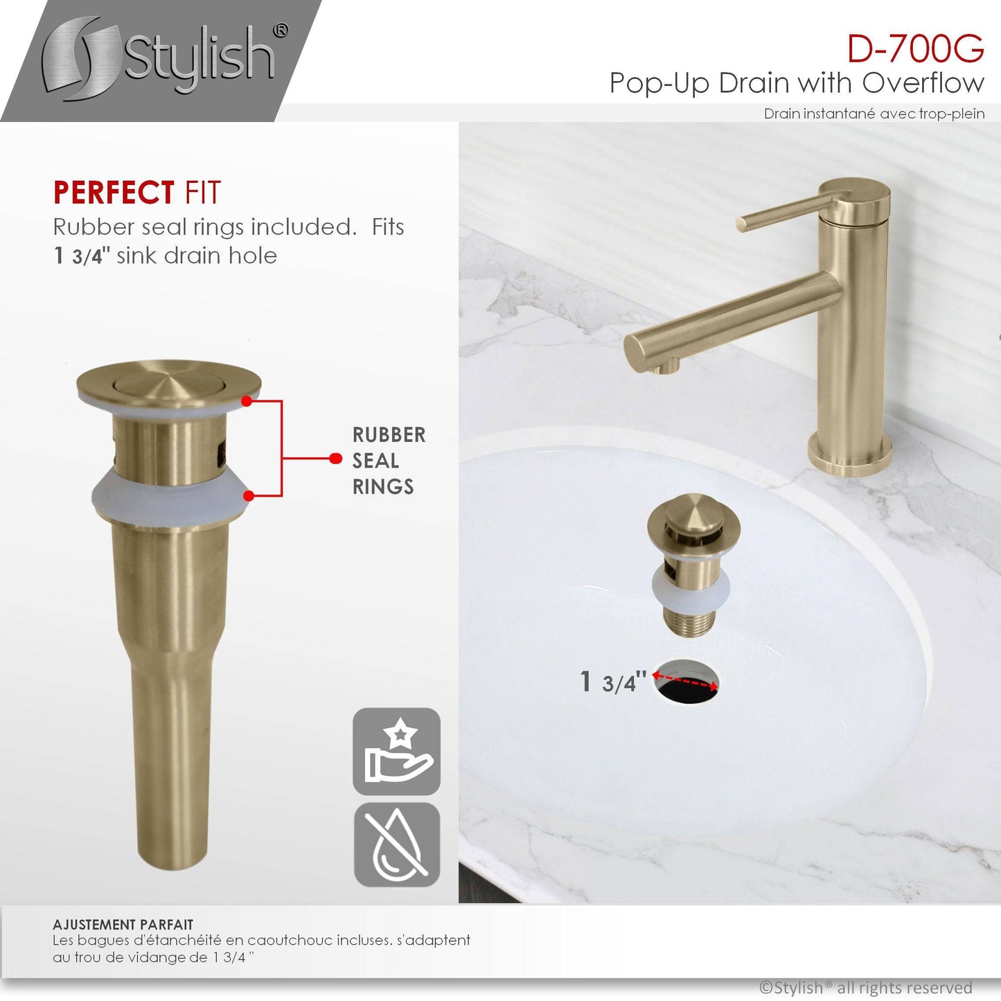 Stylish Stainless Steel Bathroom Sink Pop-Up Drain with Overflow D-700G - Renoz