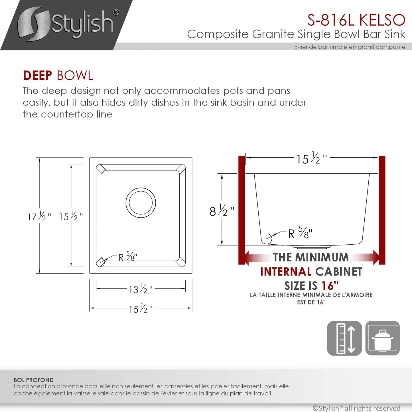 Stylish Kelso 15.5" x 17.5" Dual Mount Single Bowl Gray Composite Granite Kitchen Sink with Strainer