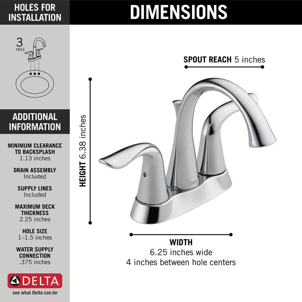 Delta LAHARA Two Handle Centerset 3 Hole Bathroom Faucet- Chrome