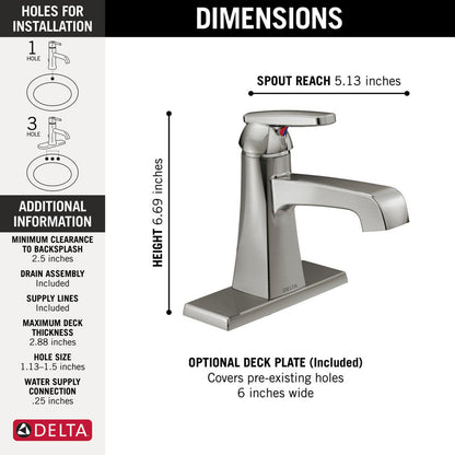 Delta Robinet de salle de bains à poignée unique ASHLYN - Acier inoxydable (avec bonde mécanique)