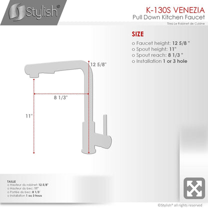 Stylish Venezia 12" Kitchen Faucet Single Handle Pull Down Dual Mode Stainless Steel, Brushed Finish K-130S