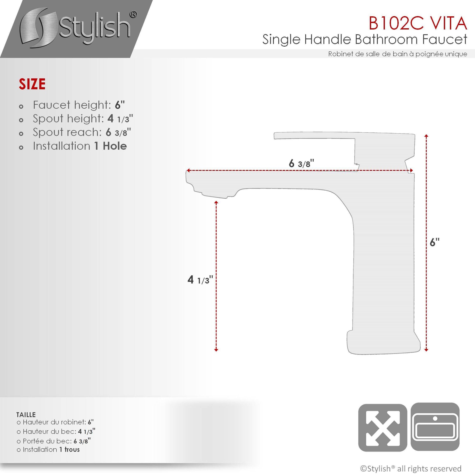 Stylish Vita Single Handle 6" Bathroom Faucet for Single Hole Brass Basin Mixer Tap, Polished Chrome Finish B-102C - Renoz