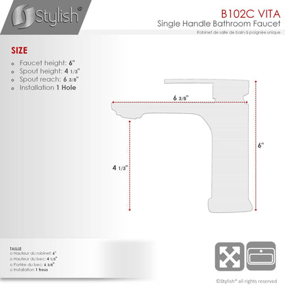 Stylish Vita Single Handle 6" Bathroom Faucet for Single Hole Brass Basin Mixer Tap, Polished Chrome Finish B-102C - Renoz