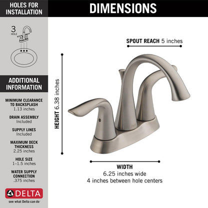 Delta LAHARA Two Handle Centerset 3 Hole Bathroom Faucet- Stainless