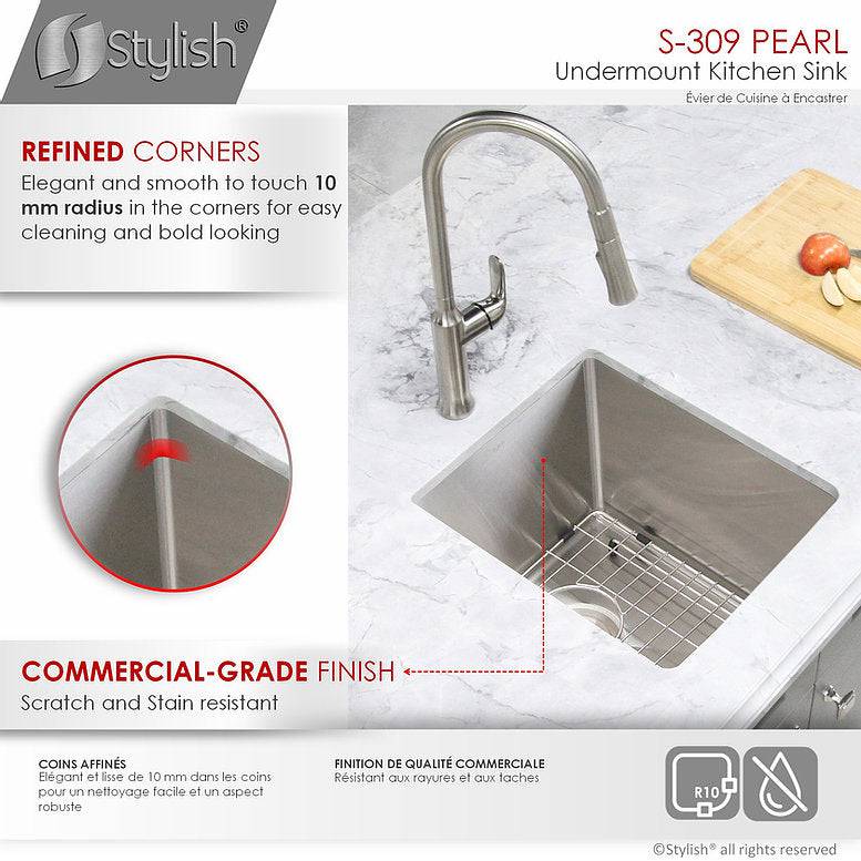 Stylish Pearl 16" x 18" Single Bowl Undermount Stainless Steel Kitchen Bar Sink S-309XG - Renoz