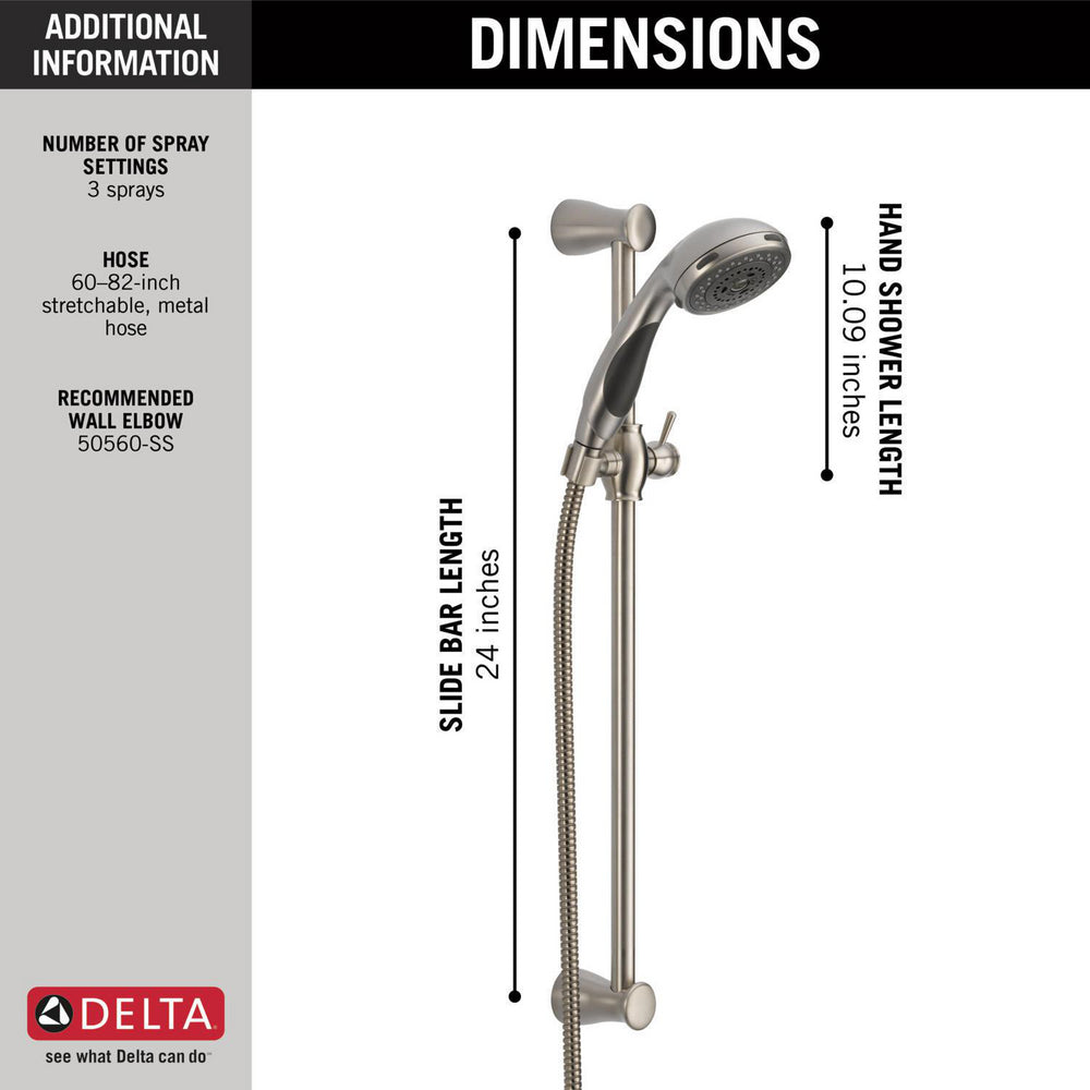 Delta Premium 3-Setting Slide Bar Hand Shower- Stainless Steel