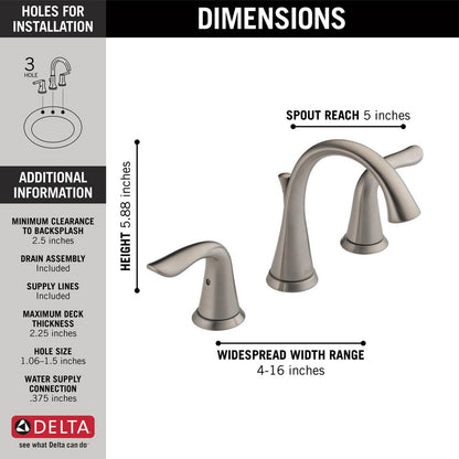 Delta LAHARA Two Handle Widespread 3 Hole Bathroom Faucet- Stainless