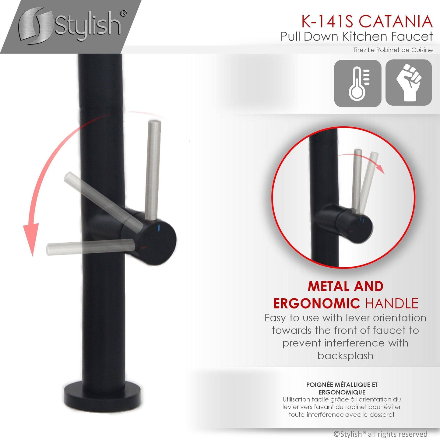 Stylish Catania 17.25" Kitchen Faucet Single Handle Pull Down Dual Mode Lead Free Matte Black with Silver Head and Handle Finish K-141NS - Renoz