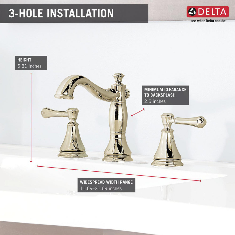 Delta CASSIDY Two Handle Widespread Bathroom Faucet With Metal Pop-Up- Polished Nickel