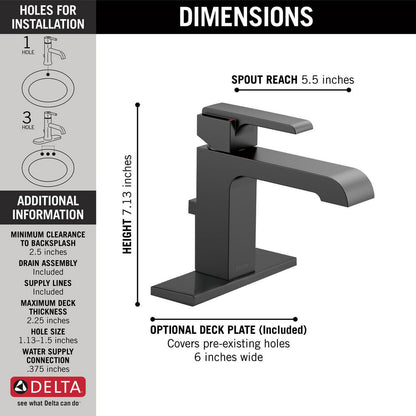 Delta Robinet de salle de bains à poignée unique ARA - Noir mat (avec bonde mécanique)
