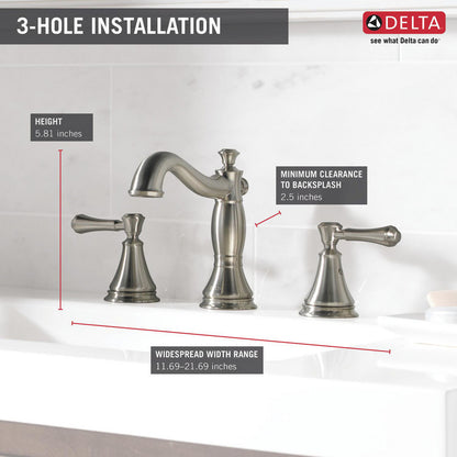 Delta CASSIDY Two Handle Widespread Bathroom Faucet With Metal Pop-Up- Stainless