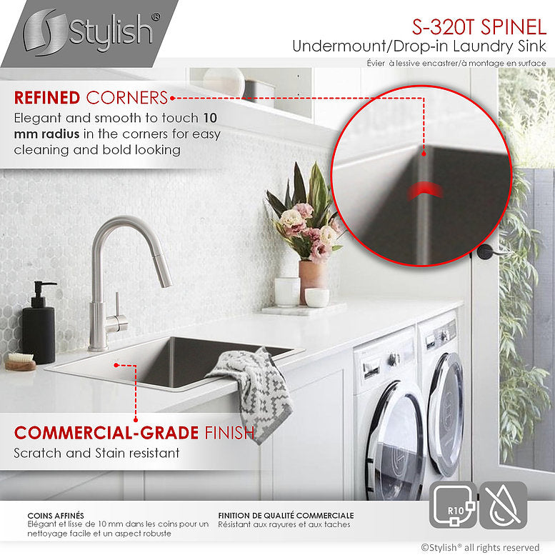 Stylish Spinel 22" x 18" Stainless Steel Single Bowl Undermount Laundry Sink S-320T - Renoz