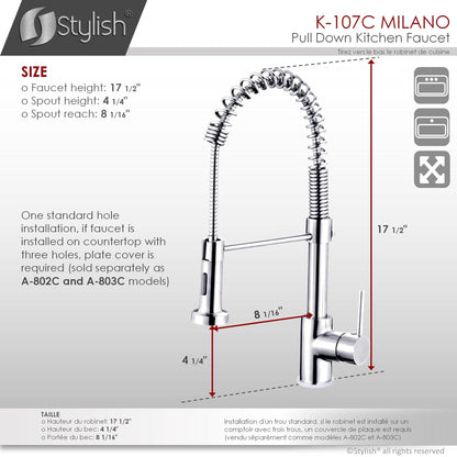 Stylish Milano 17.5" Kitchen Faucet Single Handle Pull Down Dual Mode Lead Free Polished Chrome Finish - Renoz