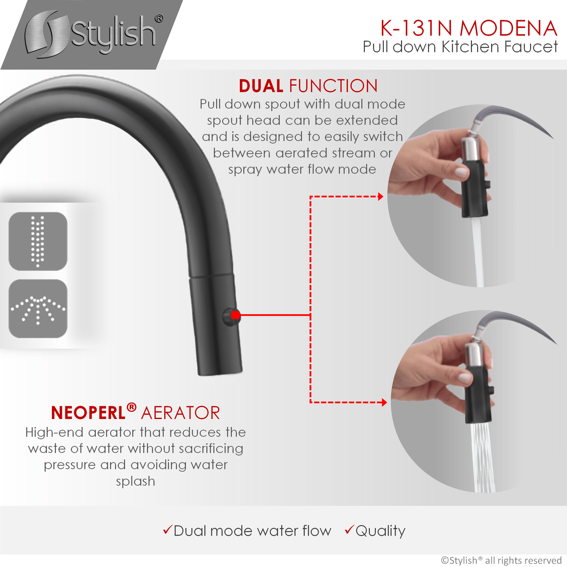 Stylish Modena 14" Kitchen Faucet Single Handle Pull Down Dual Mode Stainless Steel Matte Black Finish K-131N - Renoz