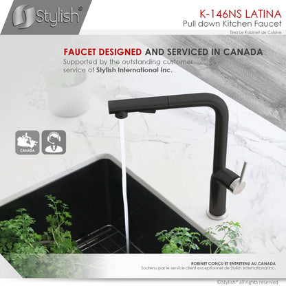Stylish Latina 13" Kitchen Faucet Single Handle Pull Down Dual Mode Stainless Steel Matte Black with Silver Base and Handle Finish K-146NS - Renoz