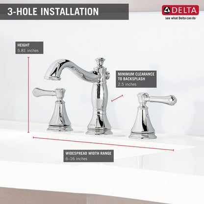 Delta CASSIDY Two Handle Widespread Bathroom Faucet With Metal Pop-Up- Chrome