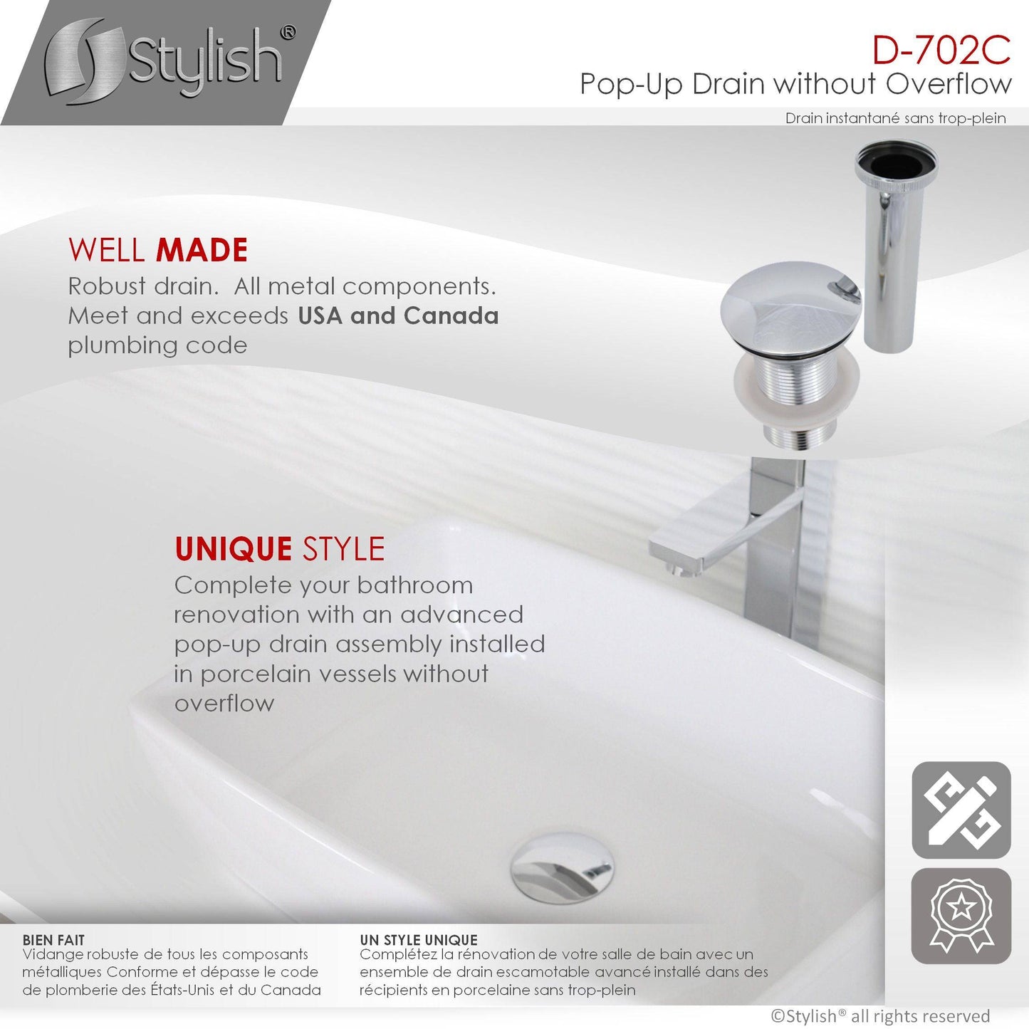 Stylish Pop-Up Drain with Overflow D-702C