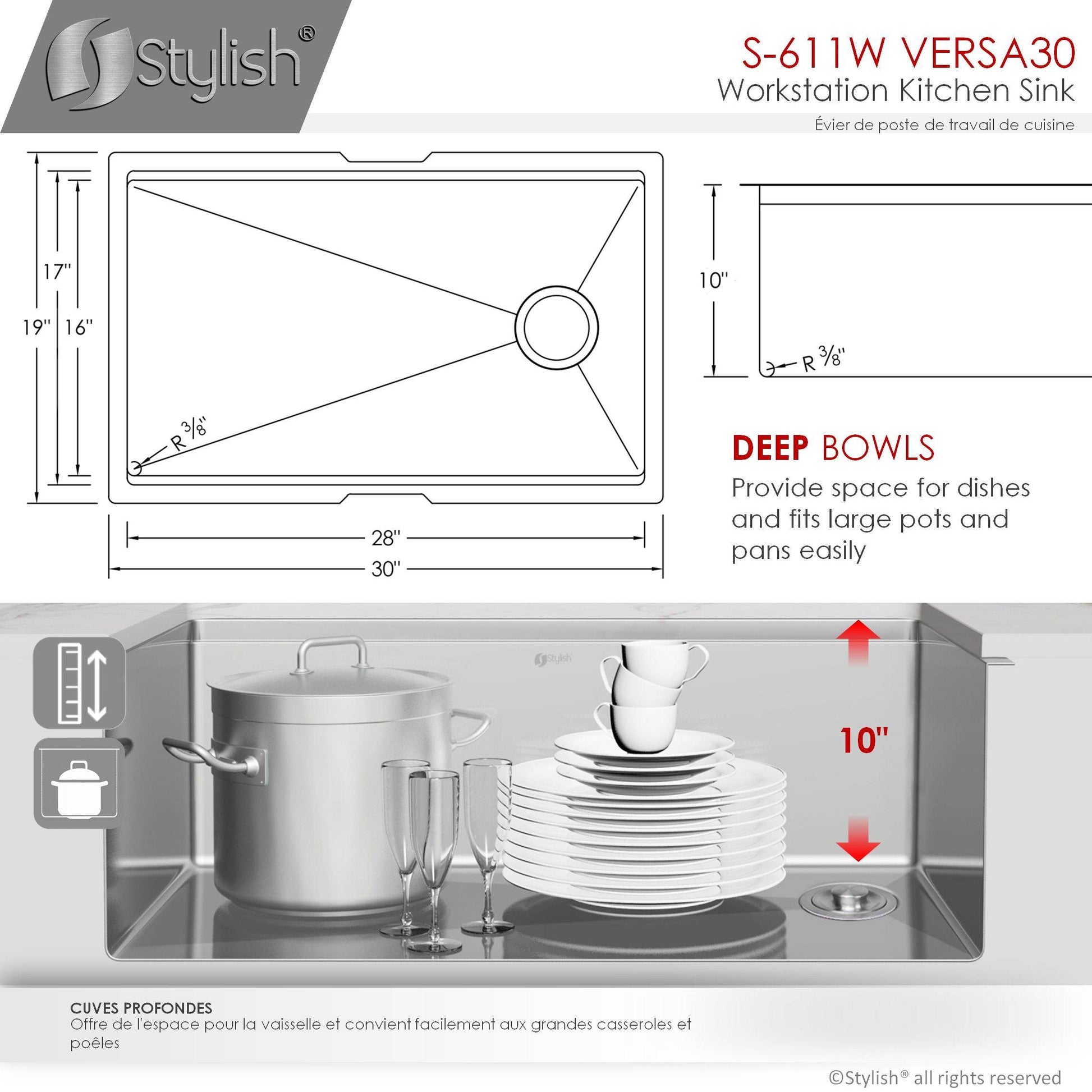 Stylish Versa30 30" x 19" Workstation Single Bowl Undermount 16 Gauge Stainless Steel Kitchen Sink with Built in Accessories S-611W - Renoz