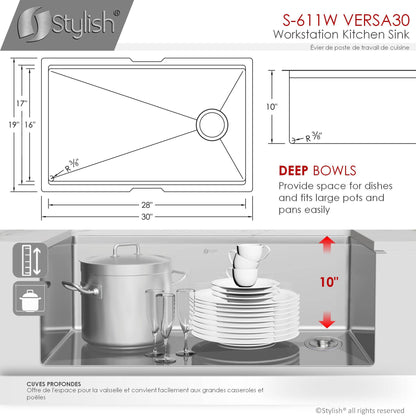Stylish Versa30 30" x 19" Workstation Single Bowl Undermount 16 Gauge Stainless Steel Kitchen Sink with Built in Accessories S-611W - Renoz