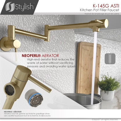 Stylish ASTI Stainless Steel Wall Mount Pot Filler Folding Stretchable with Single Hole Two Handles - Brushed Gold Finish K-145G
